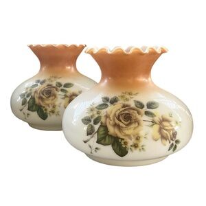 Vtg GWTW 8.5” Yellow Rose Floral Hurricane Oil Electric Glass Lamp Shade Pair